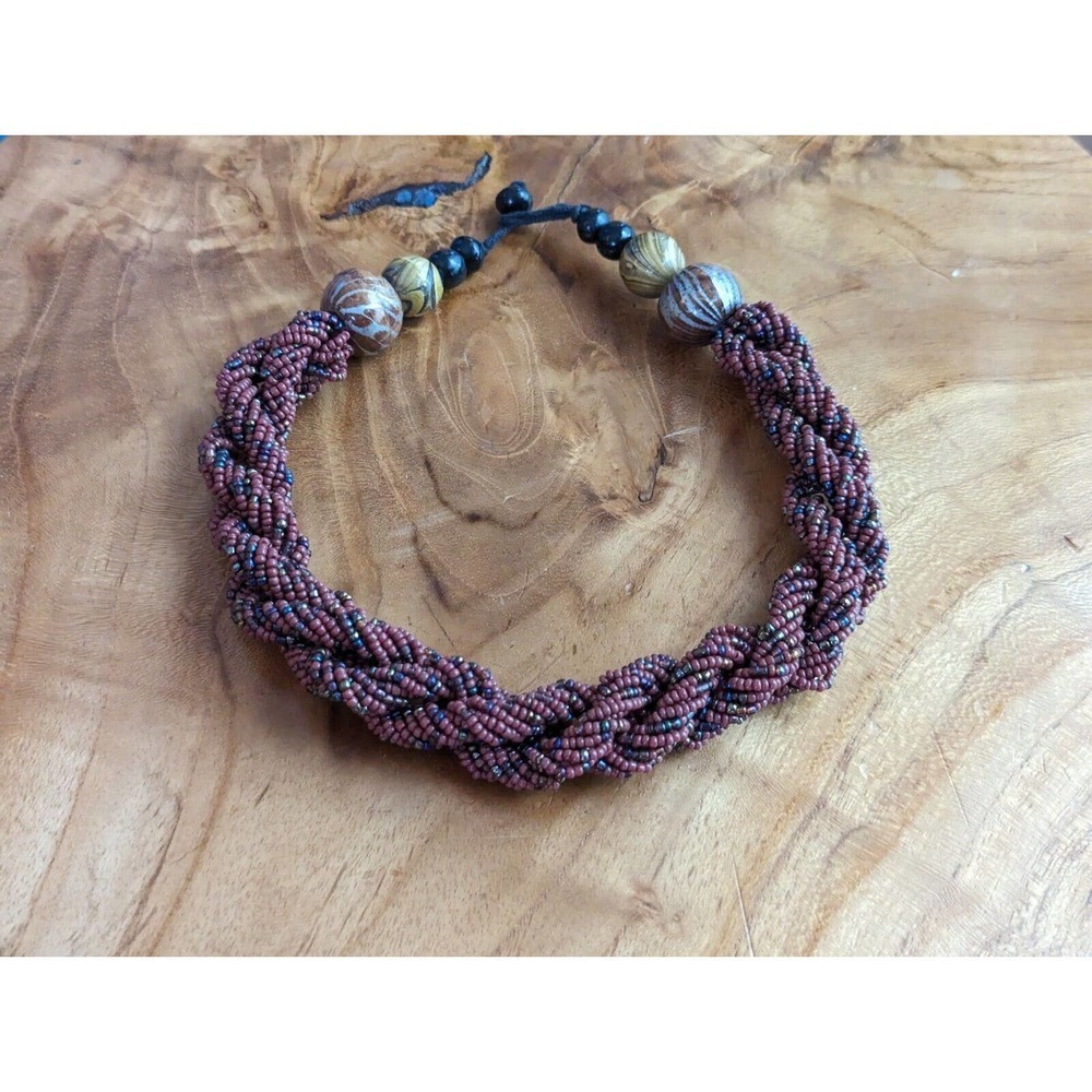 Vintage Statement Boho Woven Seed Bead Beaded Necklace Red Collar Lagenlook